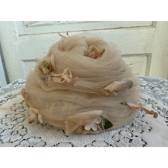 Vintage 40\'s Net/Tulle/flower Turban Style Hat Beige main image 9